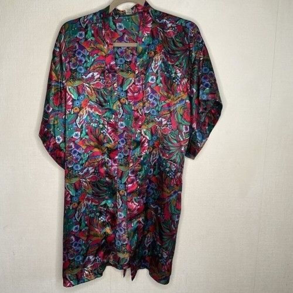 Vintage Green/Red/Blue Floral Liquid‎ Satin Belt Robe W/Belt Women One Size